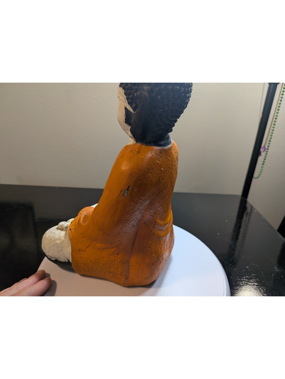 Large Seated Meditating Buddha Statue Orange Robe Black Hair Spiritual Decor